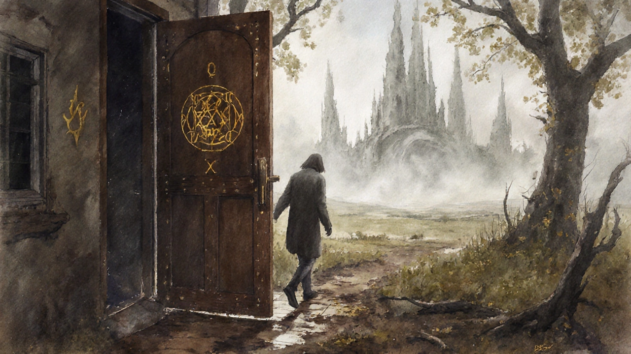 A figure stepping through a glowing door into a misty, unknown landscape.