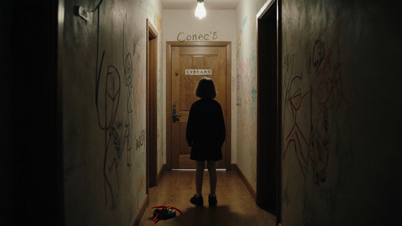 A girl staring at a door with her name carved on it, walls covered in childhood drawings.