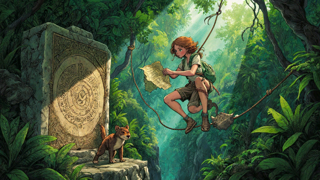 Adventure girl navigates a jungle, solving a puzzle with map and rope, aided by an animal.
