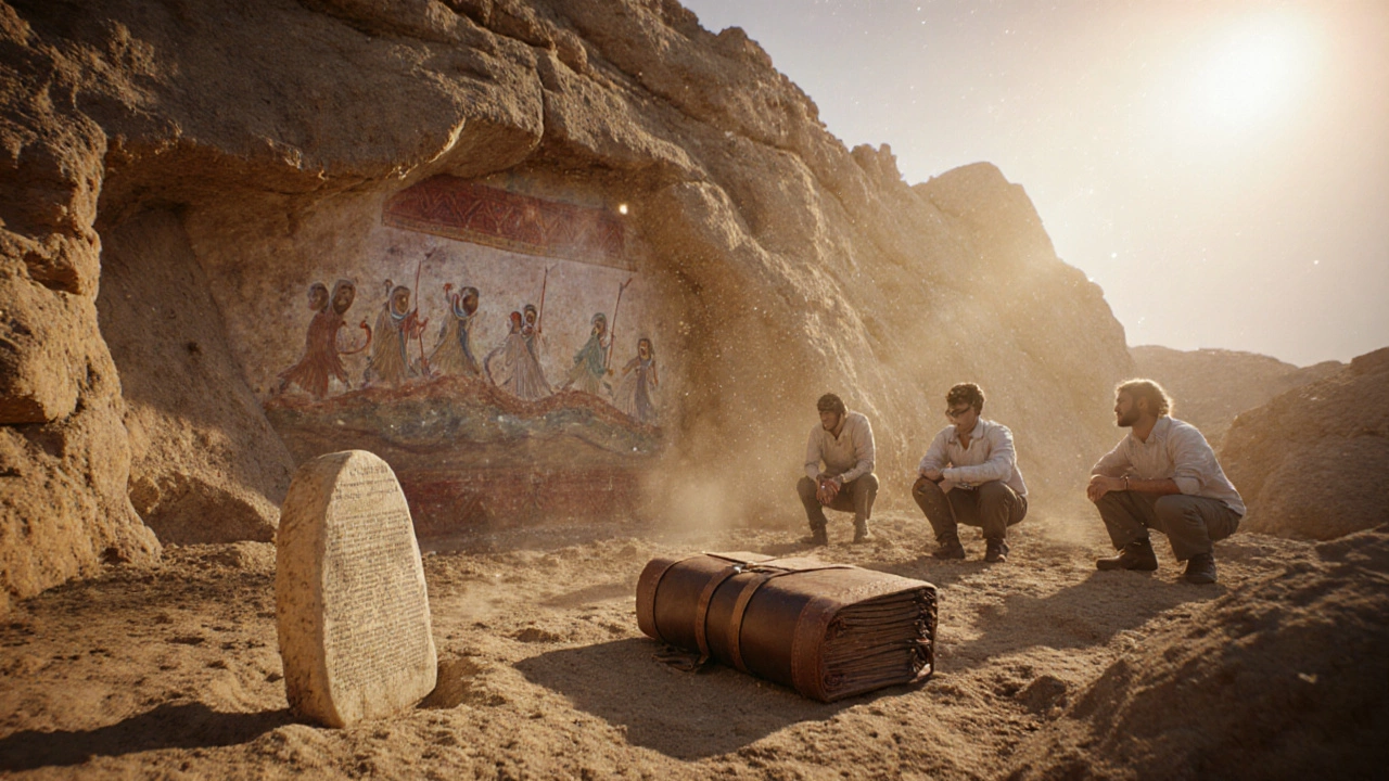 Archaeologists uncover a stone tablet and scrolls with ghostly Exodus frescoes.