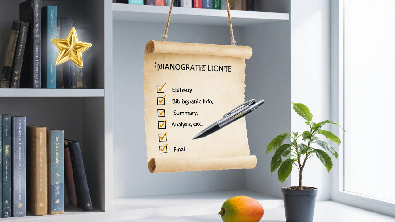 Bookshelf with floating star ratings, checklist hanging, and pen ready to mark recommendation.