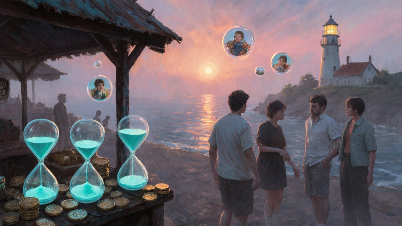 Coastal market scene where people trade glowing time coins for memory bubbles at sunset.