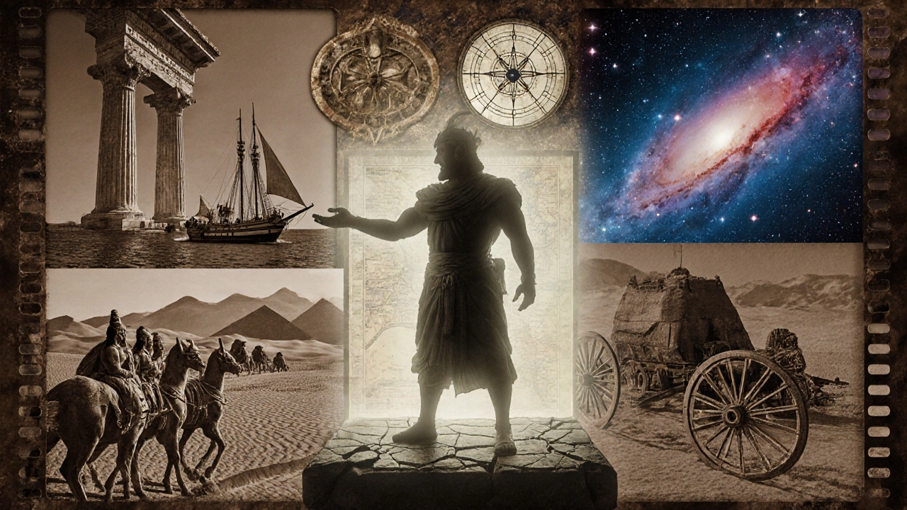 Collage mixing ancient hero silhouettes with modern adventure symbols.