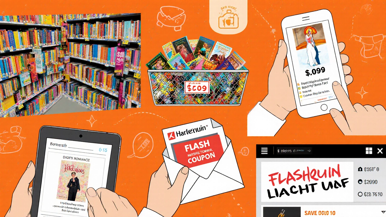 Collage of discount store aisle, clearance bin, library tablet, email coupon, and flash‑sale banner.
