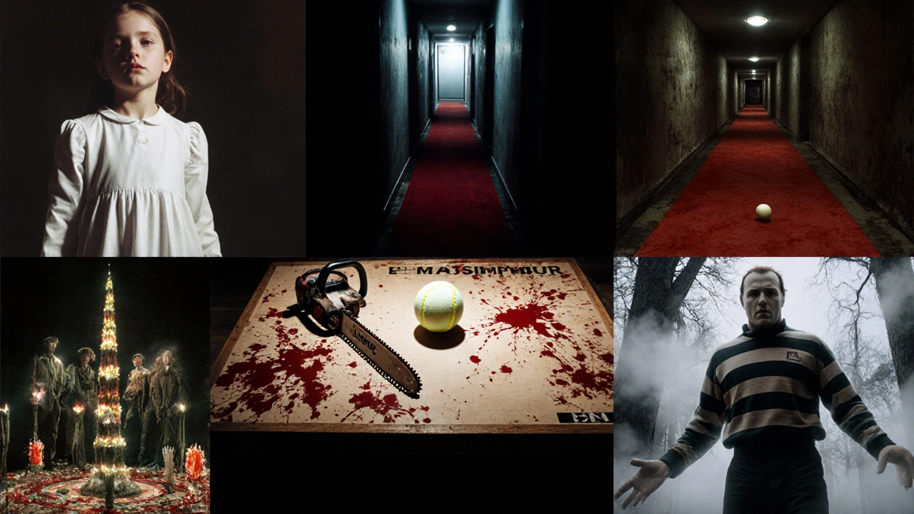 Collage of iconic horror movie symbols arranged on a wooden table.