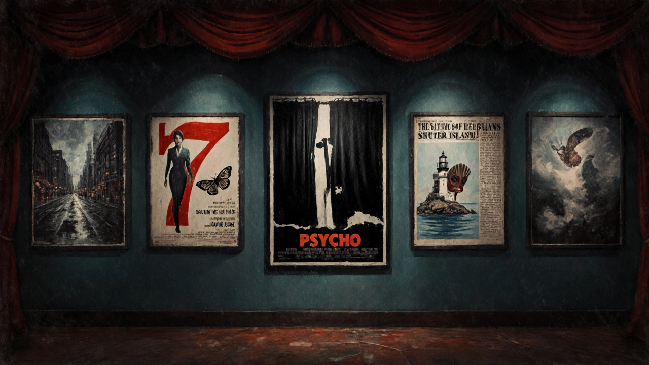 Collage of iconic scenes from Psycho, Se7en, Silence of the Lambs, Shutter Island, and Gone Girl.