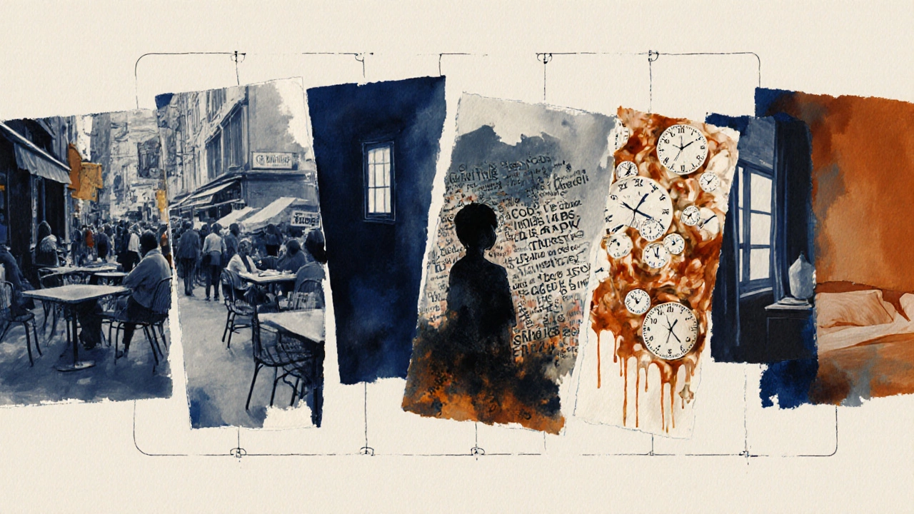 Collage of overlapping scenes showing fragmented memories and daily moments.
