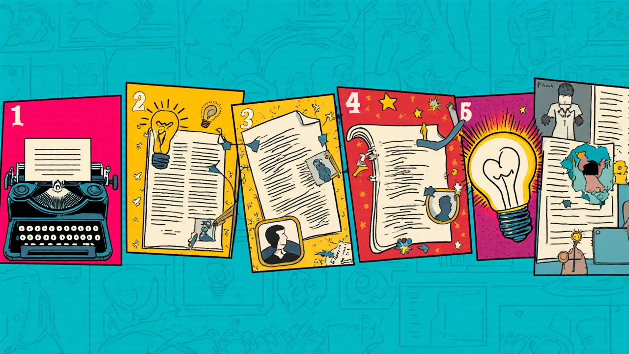 Comic strip showing seven steps of a book review from hook to rating.