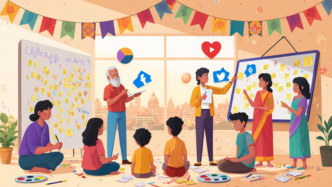 Community members collaborating on a narrative mural with digital icons around them.