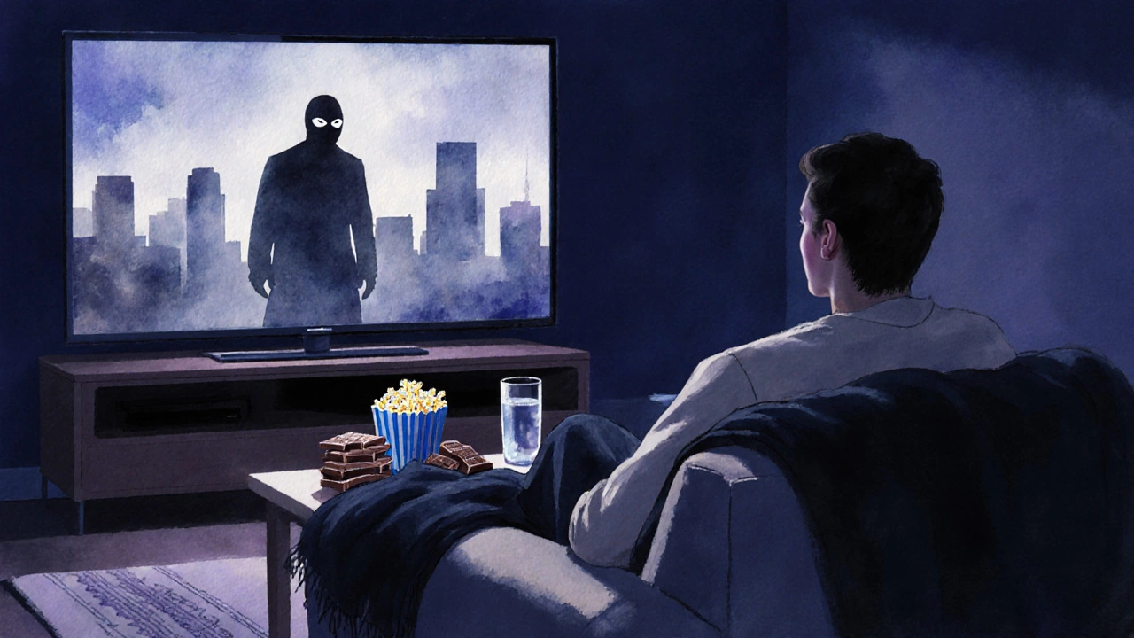 Cozy sofa with snacks and TV glowing, set for a late‑night thriller binge.