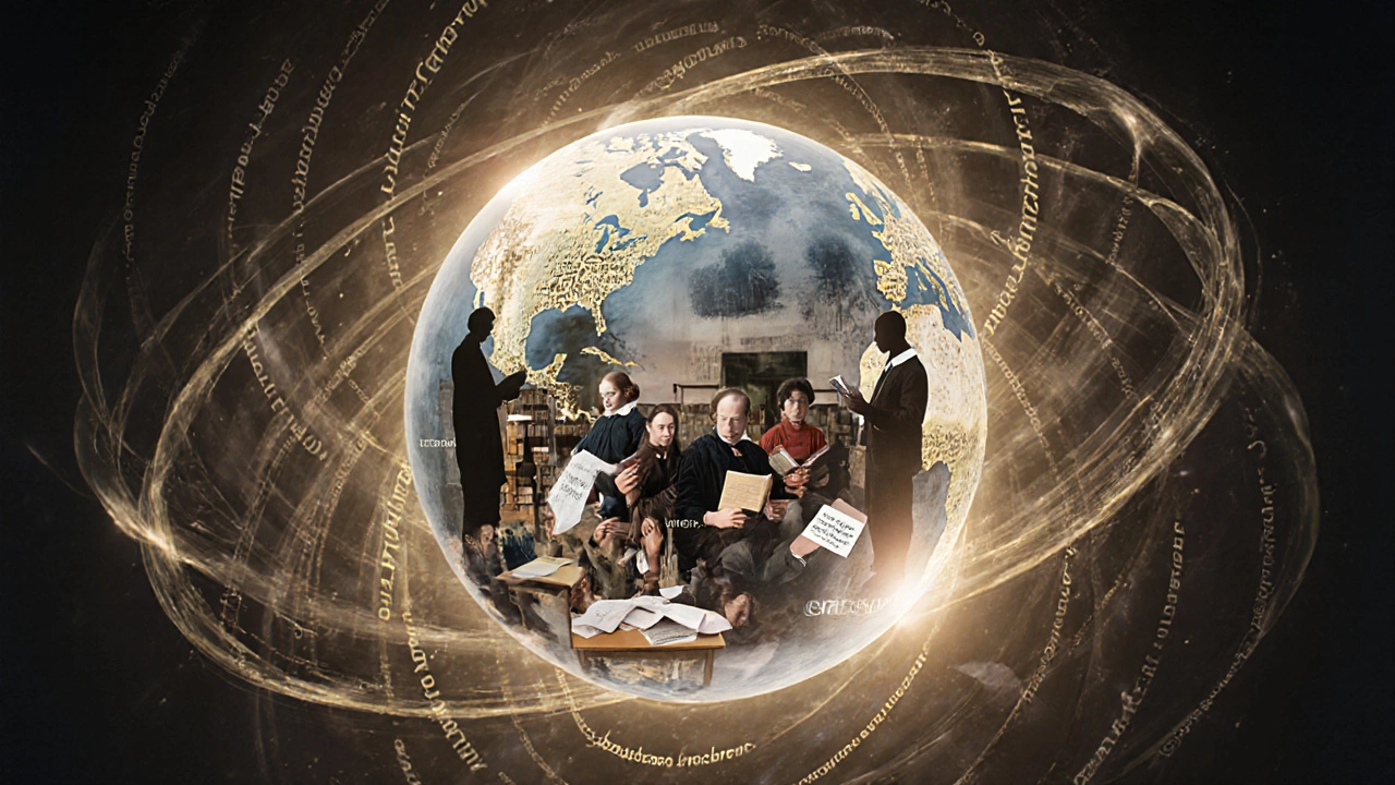 Digital artwork of a globe of diverse readers holding Shakespeare texts in many languages.