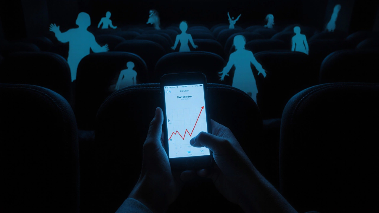 First‑person view of a heart‑rate monitor spiking in a dark theater.