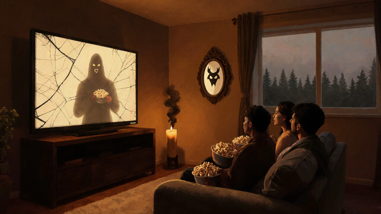 Friends watching TV in a low‑light room with subtle fear‑related visuals.
