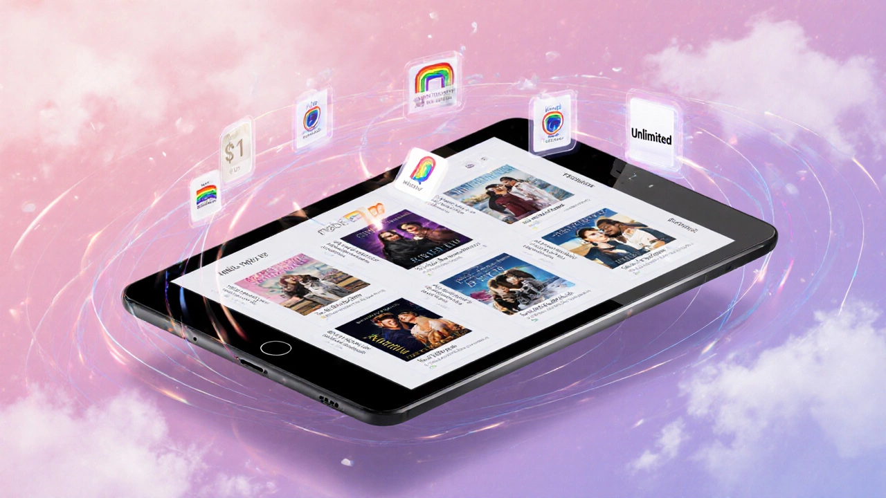 Futuristic tablet showing diverse romance covers, subscription icons, and low price tags.