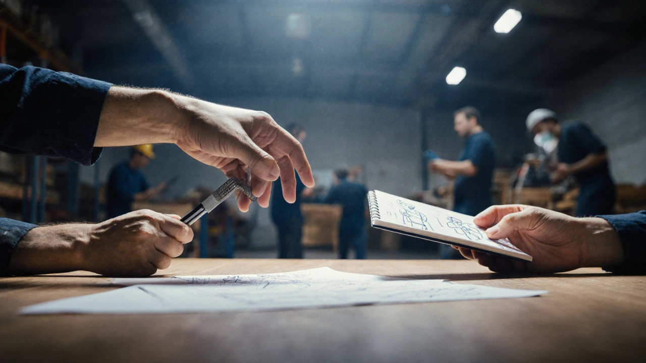 Hands exchanging tools and ideas in a warehouse, representing role rotation and mutual development.