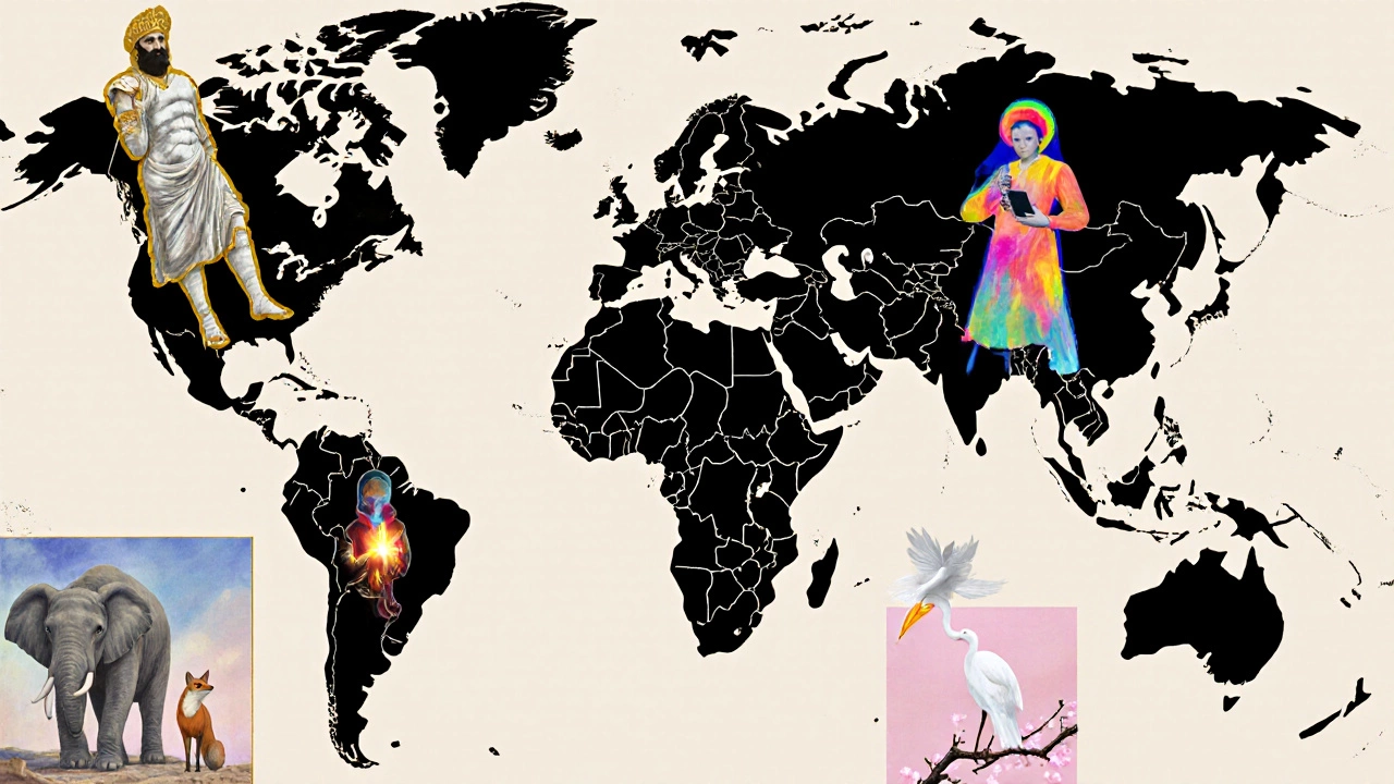 Illustrated collage of global cultural narratives: Greek hero, Indian animal tale, US urban legend, Japanese peace symbol.