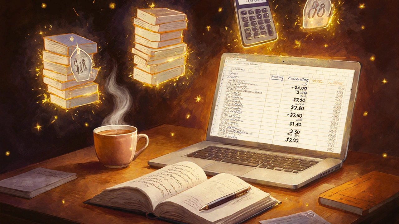 Illustrated royalty breakdown with book copies, price tags, and earnings calculations.