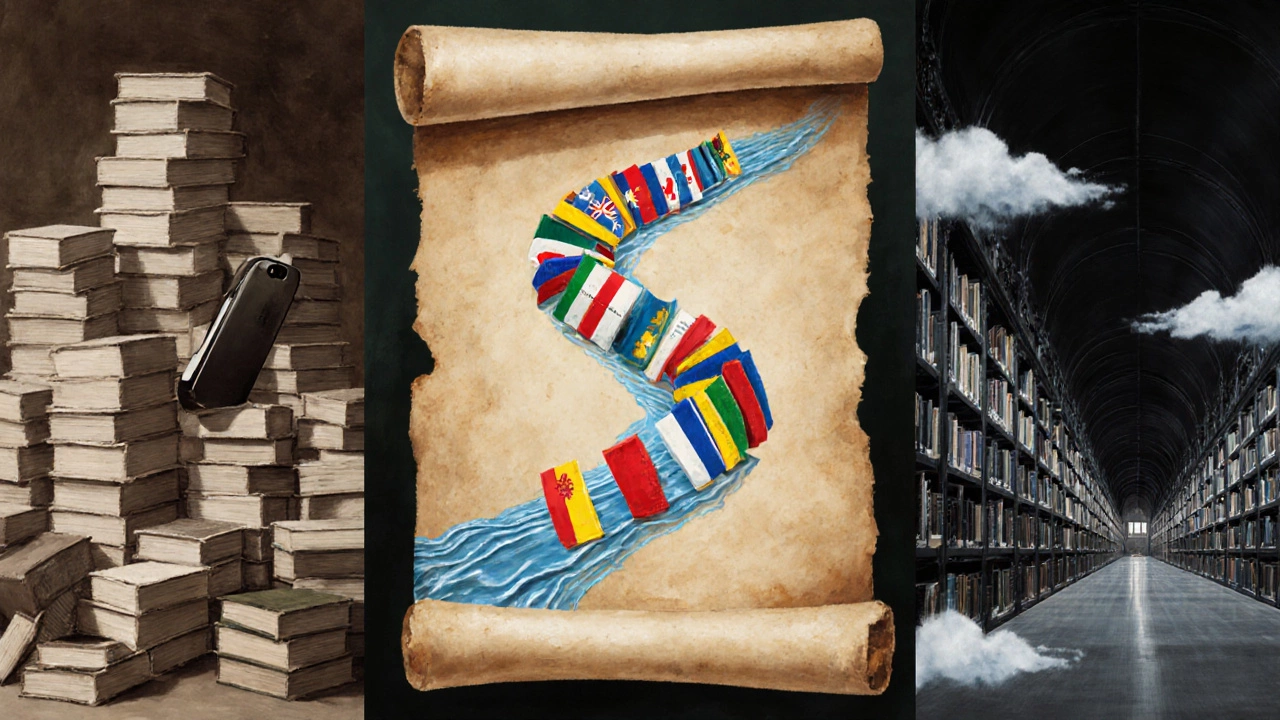 Illustration of book copies, translation flags, and a library representing readership metrics.
