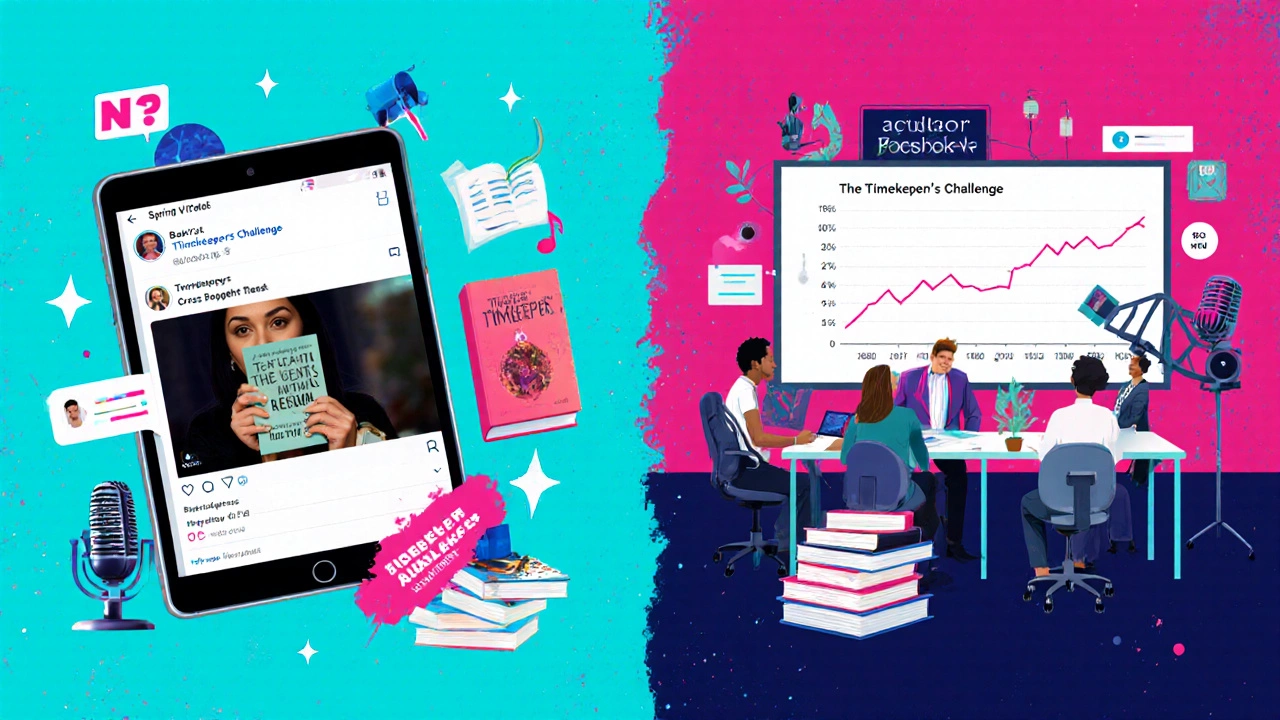 Magazine‑style collage showing BookTok video, editors with a rising reads graph, and indie author tools.