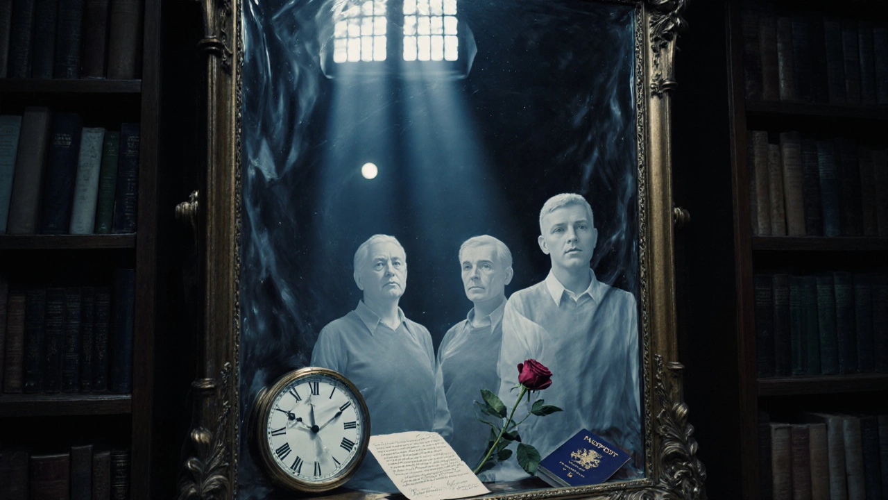 Mirror in a library reflecting multiple versions of a person with symbolic items.