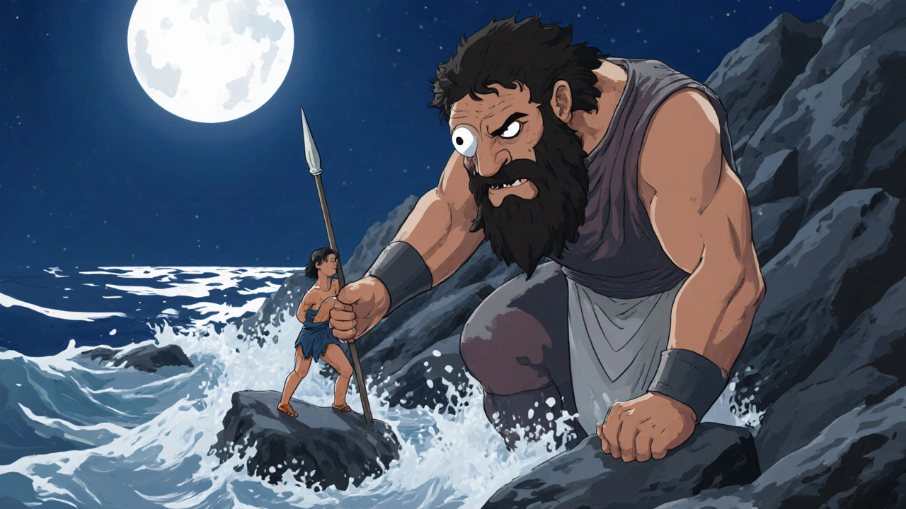 Odysseus confronting the Cyclops Polyphemus on a moonlit rocky shore.