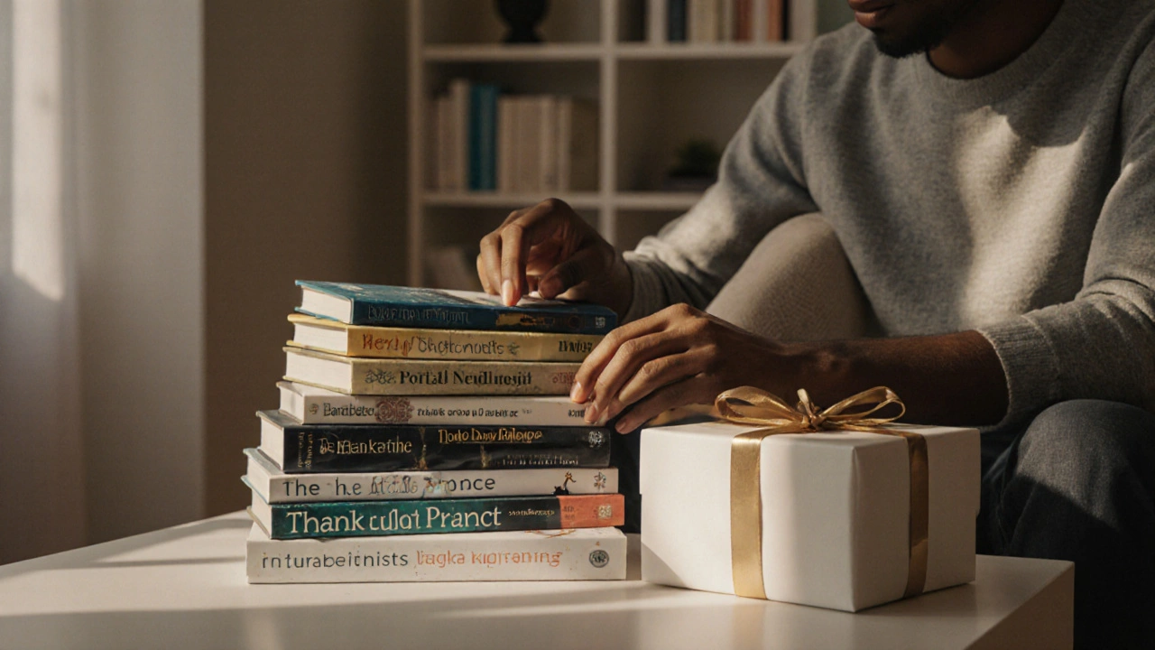 Person choosing a bestseller from a stack with a wrapped gift nearby.