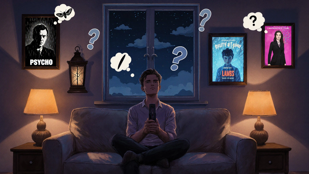 Person in a dark living room surrounded by glowing film posters, choosing a thriller, thought bubbles show moods.