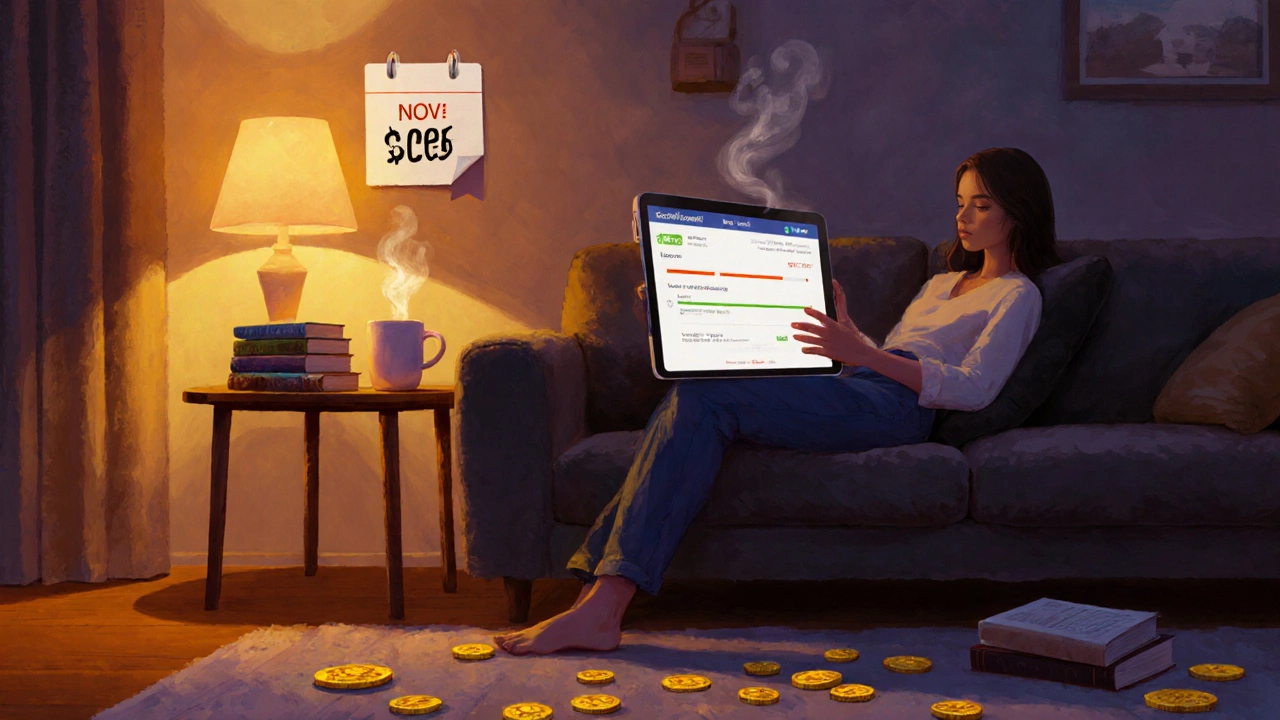 Person reading on tablet in cozy setting with coffee and virtual coins.