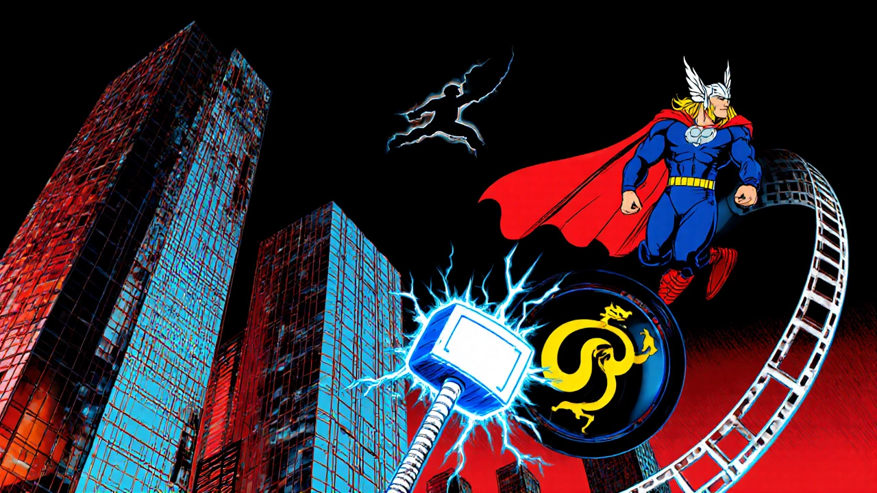 Pop‑art collage of Thor's hammer, superhero figure, corporate logo, and film reel over a neon city.