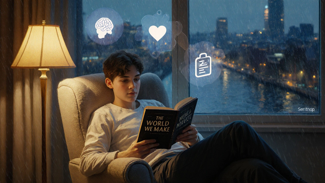 Reader in an armchair by a window holding a book, surrounded by genre icons.