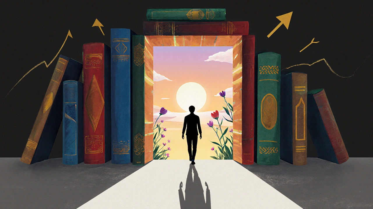 Silhouette stepping through a doorway of glowing books toward a bright horizon.