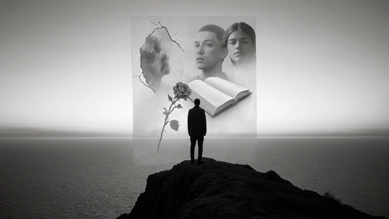 Silhouetted figure on a misty cliff with ghostly symbols suggesting ambiguous ending.