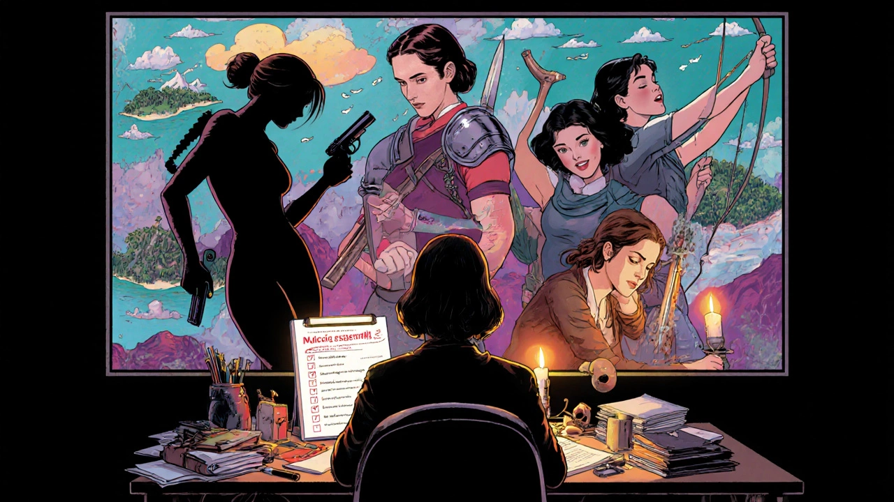 Silhouettes of famous adventure girls surround a writer holding a checklist.