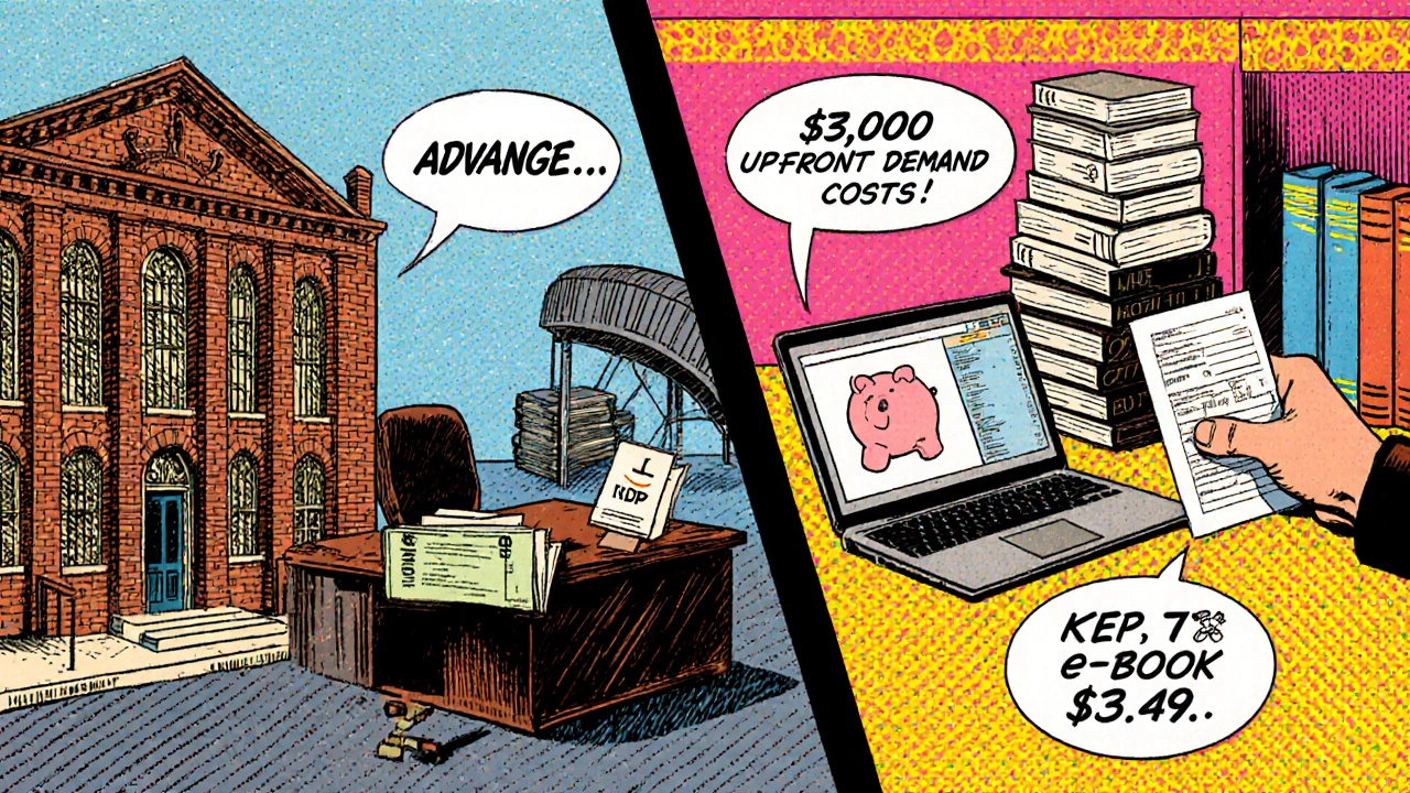 Split scene contrasting traditional publishing with a corporate office and self‑publishing at a home desk.