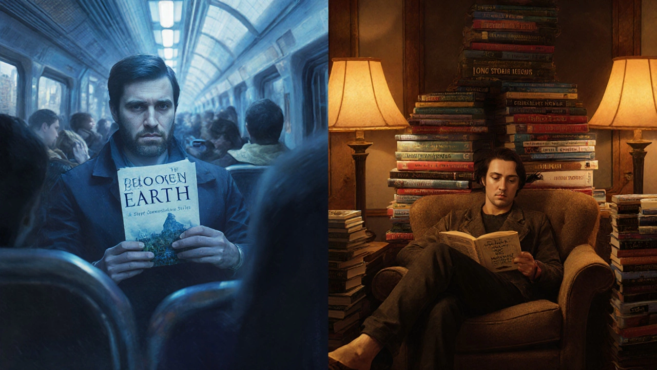 Split‑screen scene contrasting a short series read on a train with a long series read at home.