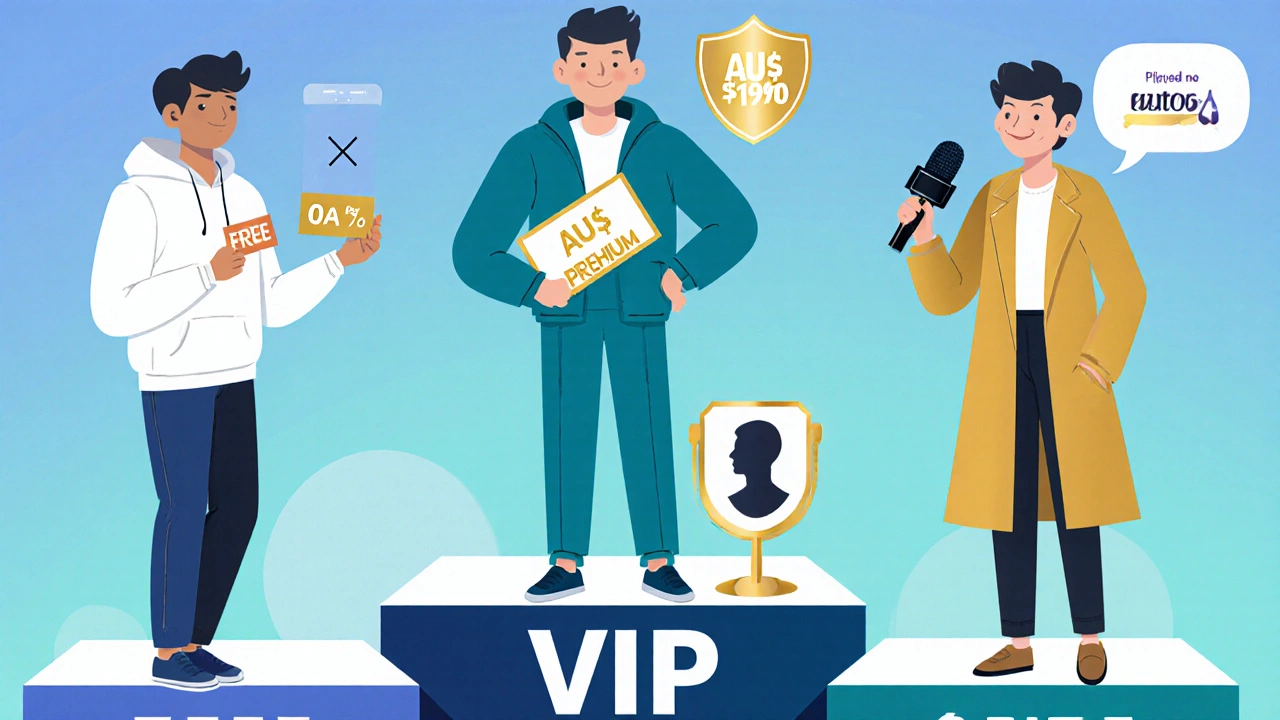 Three characters representing Free, Premium, and VIP plans with price tags.