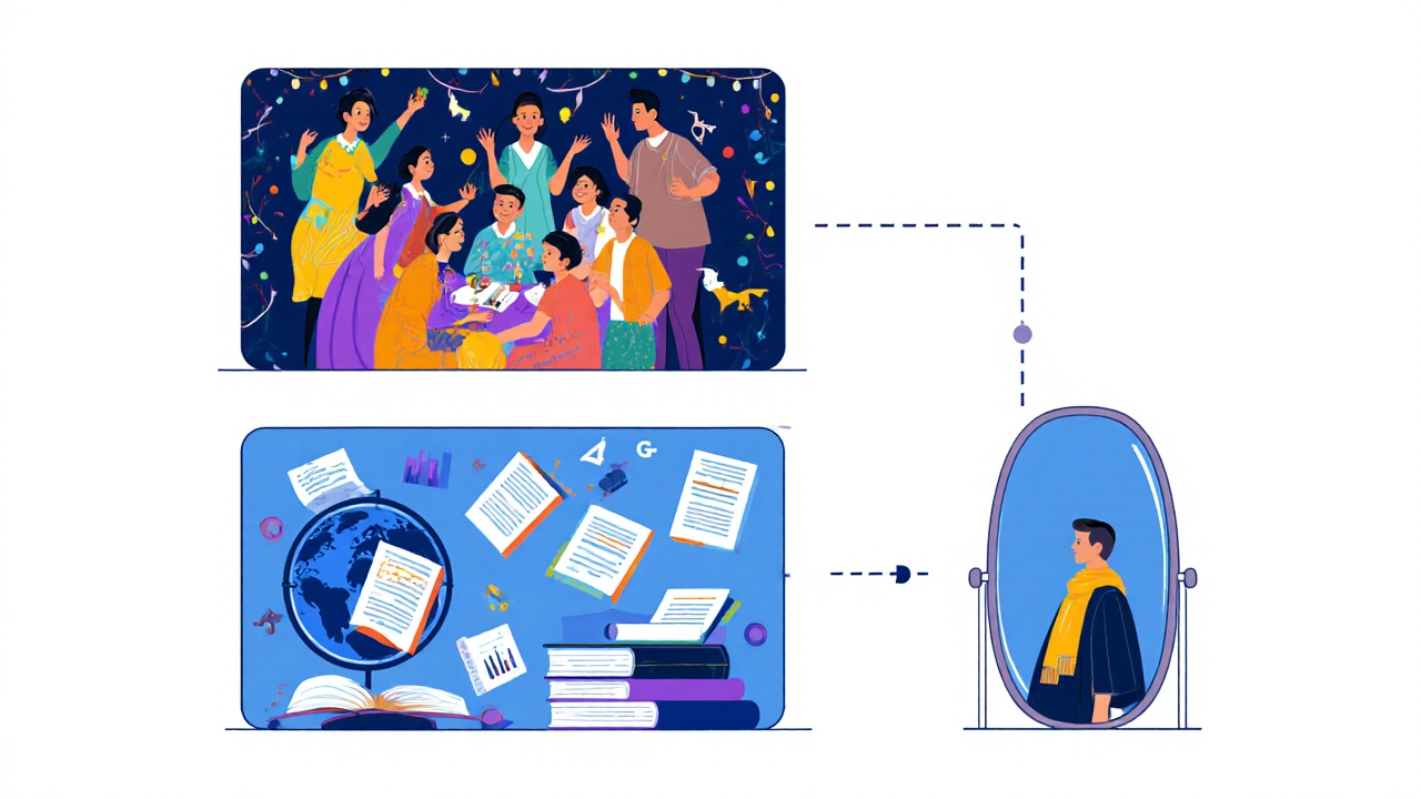 Three stacked panels showing a festive memory, scholarly analysis, and reflective insight.
