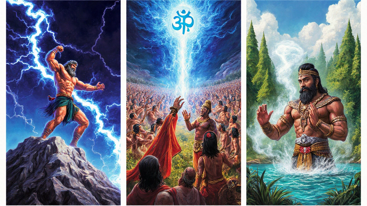 Triptych showing Zeus with lightning, Mahabharata battle with sage Vidura, and Māori creation by Tāne.