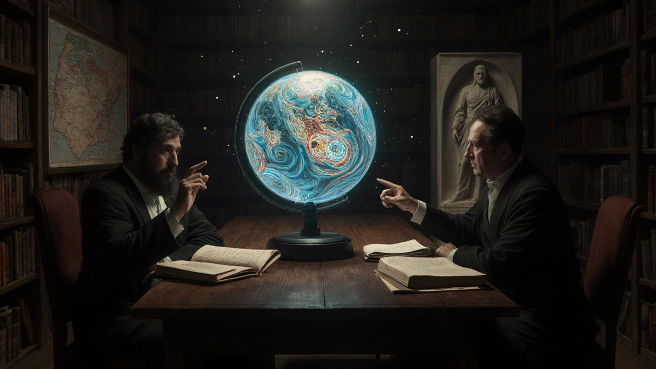 Two scholars debate mythic vs historic Bible interpretations in a candlelit library.