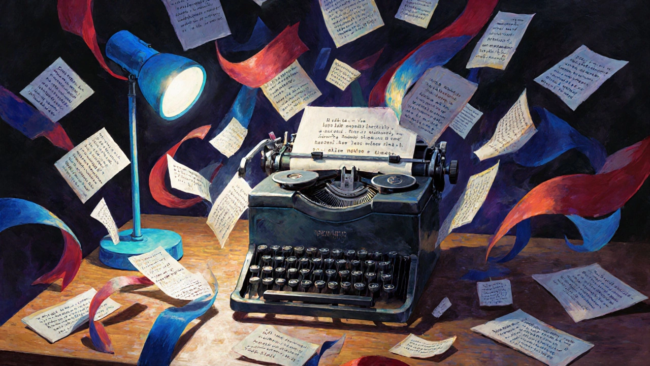 Typewriter with swirling words and paper fragments showing experimental language.
