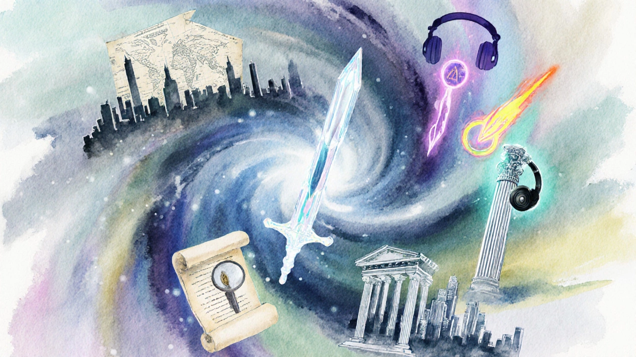 Watercolor collage of symbols representing fantasy, thriller, historical, YA, and mythological genres.