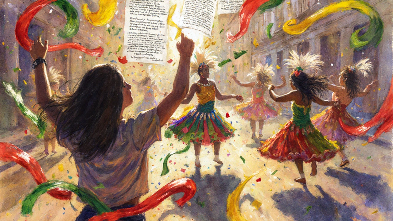 Watercolor of a student remembering a Brazilian Carnaval dance with silhouettes and academic notes.