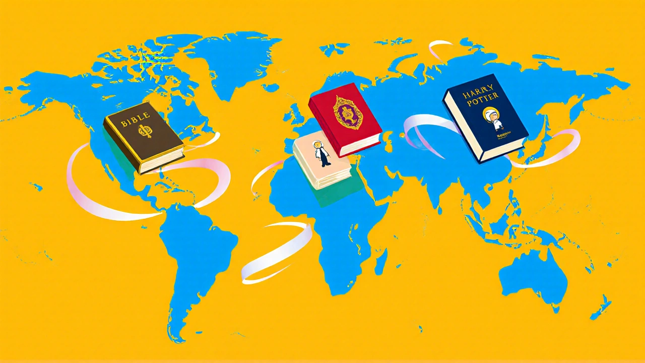 World map with floating iconic books representing global sales figures.