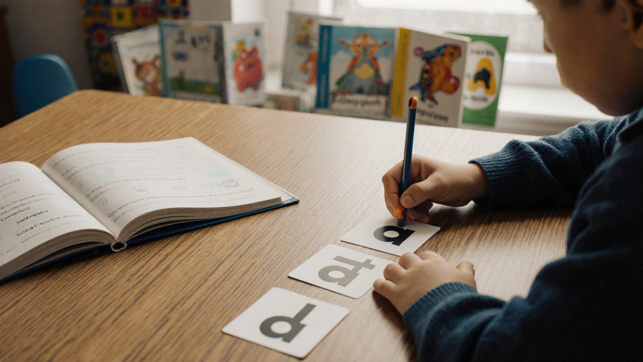 A child sounding out letters &#039;c-a-t&#039; with magnetic letters and a decodable book.
