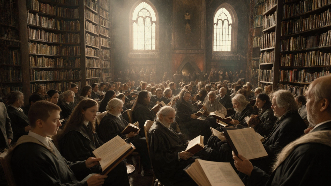 A diverse group of readers from many cultures immersed in different editions of The Lord of the Rings in a grand library.