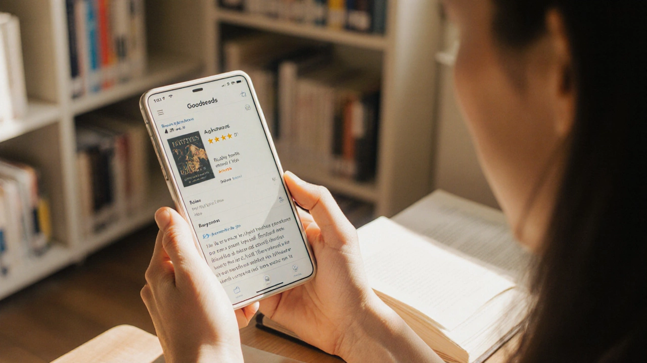 A reader in a library looking at a Goodreads review on their phone while holding a physical book.