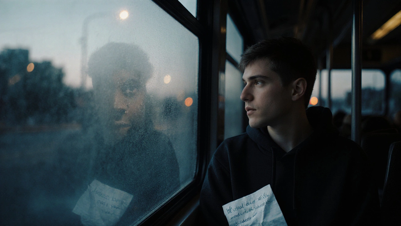 A teenager on a bus staring out the window, tears silently falling.