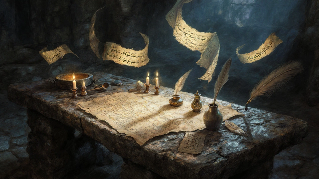 An ancient stone table covered in maps and glowing ancient elvish scripts floating in the air.