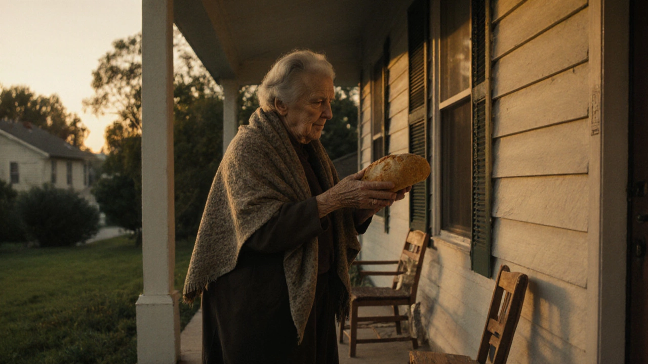 An elderly woman leaving bread on a neighbor&#039;s porch at dawn.