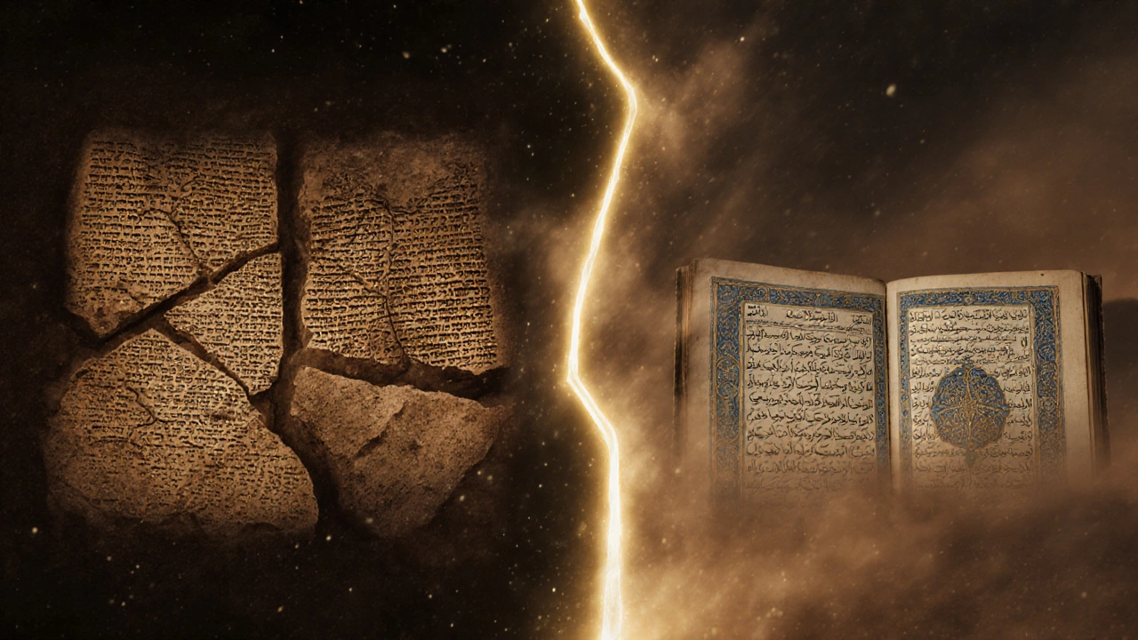 Ancient scrolls and Quranic manuscripts connected by golden light across time.